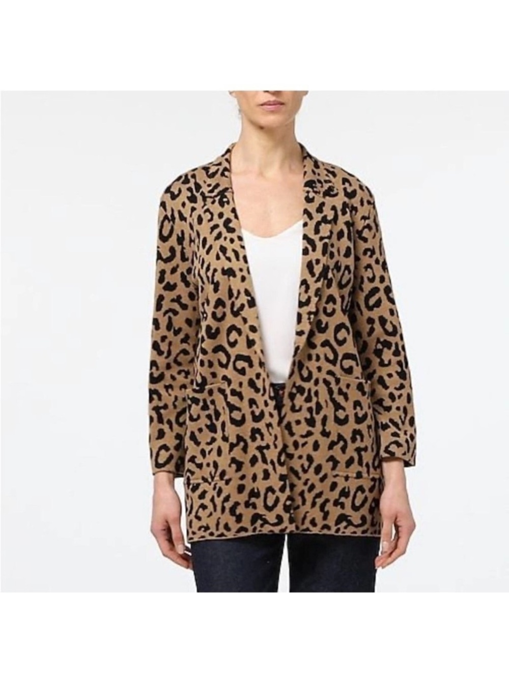 J. Crew Sophie Black Camel Leopard Open Front Sweater Cardigan Wool M